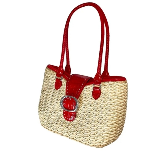 Vintage Brighton Straw Shoulder Bag 2000s Red Patent Leather Silver Hardware - Picture 2 of 8
